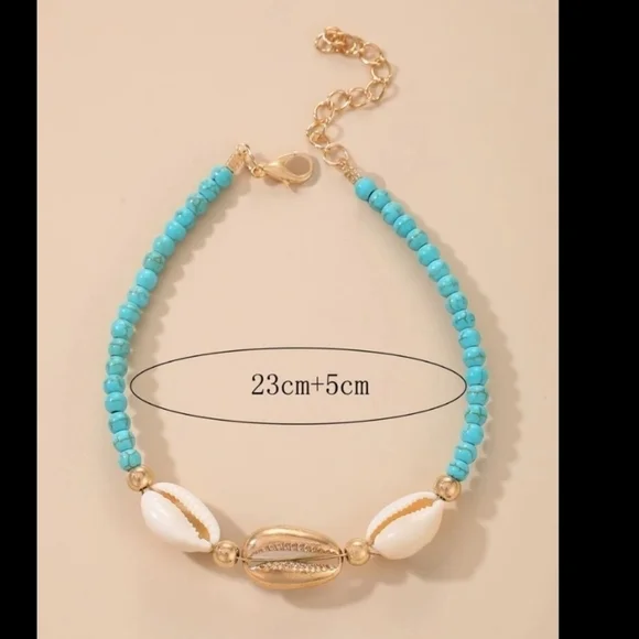 White & Gold Puka Shells accented with Mini Turquoise Beads Anklet - Picture 4 of 5
